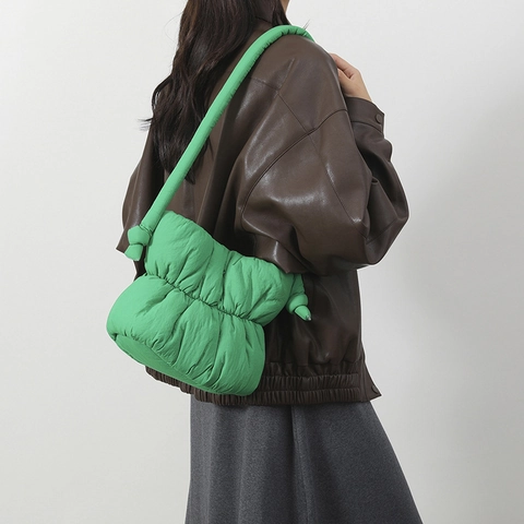 Nylon Quilted Padded Shoulder Bag Puffy Cloud Handbag For Women Soft Knotted Strap Casual Underarm Bucket Bag