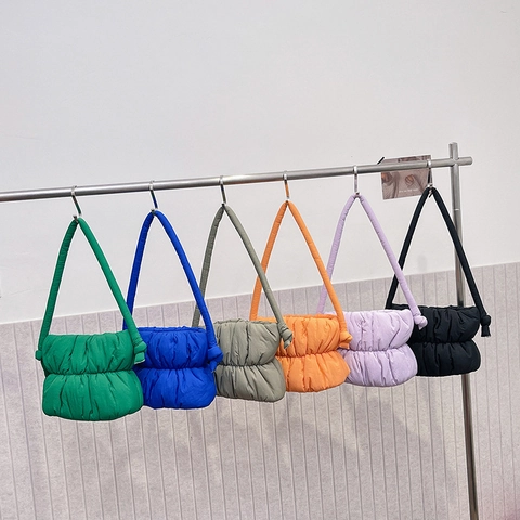 Women Fashion Pleated Puffy Down Shoulder Bag Nylon Fabric Soft Cloud Bucket Bag Casual Macaron Color Underarm Crossbody Bag