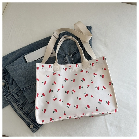 Sac Cabas en Toile Imprimé Cerise pour Femmes Grande Capacité Sac à Bandoulière Avec Doubles Poches Avant Sangle Réglable Sac à Main Décontracté Style Coréen Sac de Shopping Imprimé