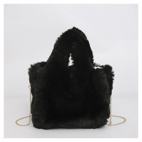 Women Minimalist Plush Shoulder Bag Artificial Fur Crossbody Handbag With Gold Chain Strap Soft Winter Satchel Bag For Ladies