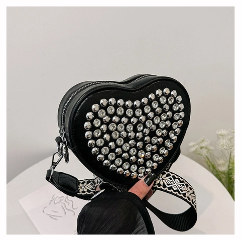 Sac à Épaule en Forme de Cœur pour Femmes en Cuir PU Avec Strass Sac Bandoulière Avec Large Bandoulière à Motifs