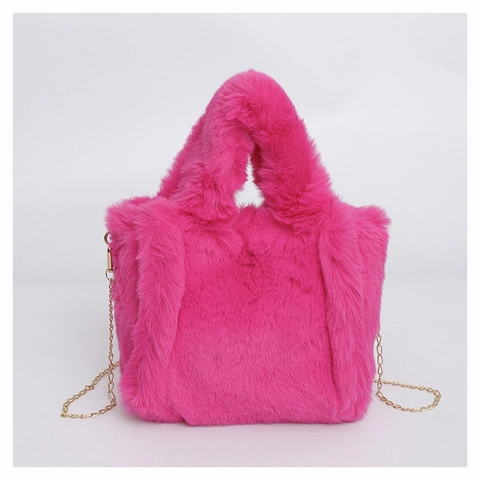 Women Minimalist Plush Shoulder Bag Artificial Fur Crossbody Handbag With Gold Chain Strap Soft Winter Satchel Bag For Ladies