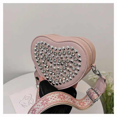 Sac à Épaule en Forme de Cœur pour Femmes en Cuir PU Avec Strass Sac Bandoulière Avec Large Bandoulière à Motifs
