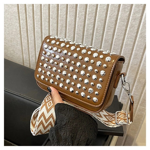 Summer New Trendy PU Leather Rivet Crossbody Bag For Women Daily Fashion Small Square Shoulder Bag With Wide Strap