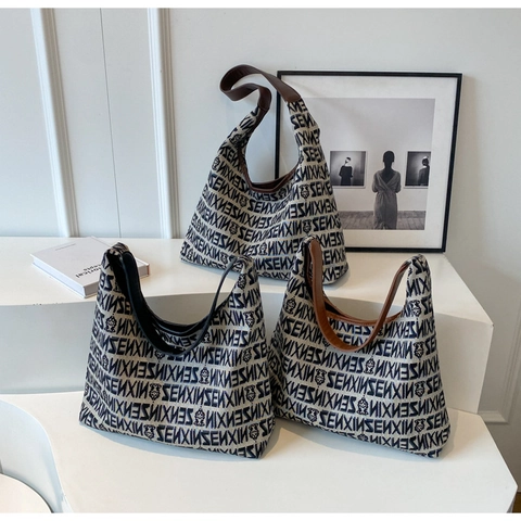 Vintage Πλεκτή Τσάντα Jacquard για Γυναίκες Μεγάλης Χωρητικότητας Τσάντα Ώμου με Μοτίβο Γραμμάτων και Δερμάτινο Λουράκι