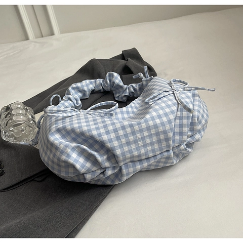 Dames Gingham Stof Schoudertas Met Strik Decoraties Geplooid Handvat Zomer Mode Crossbody Tote Tas Checkerboard Tas