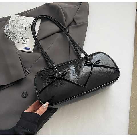 Vintage Women Glossy PU Shoulder Bag With Double Bow Decoration Retro Underarm Bag Solid Color Minimalist Fashion Handbag