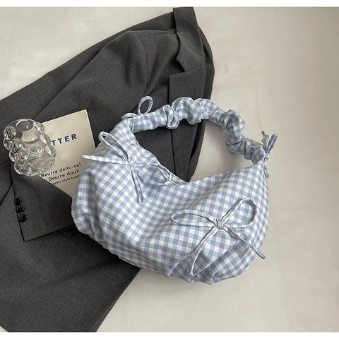 Dames Gingham Stof Schoudertas Met Strik Decoraties Geplooid Handvat Zomer Mode Crossbody Tote Tas Checkerboard Tas
