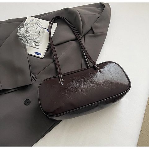 Vintage Women Glossy PU Shoulder Bag With Double Bow Decoration Retro Underarm Bag Solid Color Minimalist Fashion Handbag