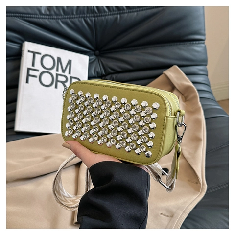 Women Fashion PU Leather Rivet Crossbody Bag Wide Geometric Strap Double Zipper Square Shoulder Bag Small Camera Bag