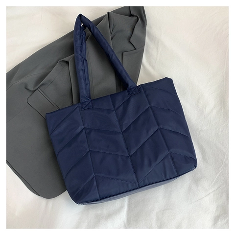 Women Quilted Nylon Tote Bag Chevron Padded Puffer Shoulder Bag Large Capacity Versatile Urban Simple Commuting Handbag