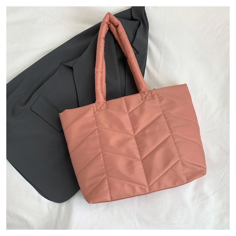 Women Quilted Nylon Tote Bag Chevron Padded Puffer Shoulder Bag Large Capacity Versatile Urban Simple Commuting Handbag