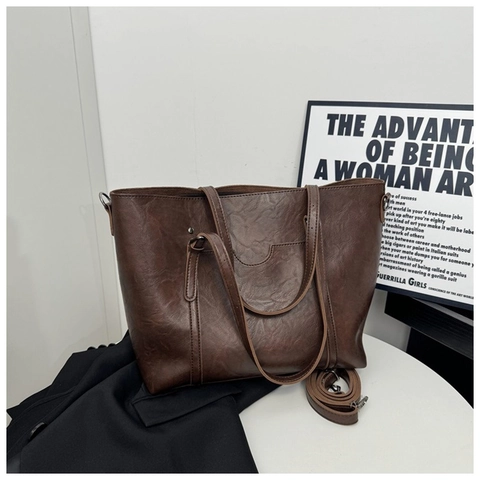 Vintage PU Leather Large Capacity Tote Bag For Women Minimalist Solid Color Shoulder Bag Versatile Commuting Handbag