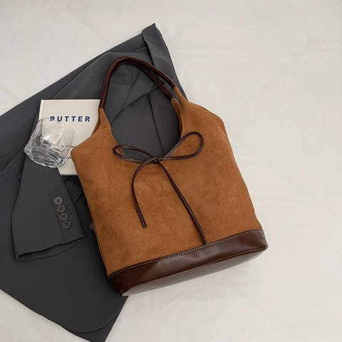 Minimalist Women Suede Patchwork Tote Bag With Bowtie Large Capacity Vintage Shoulder Bag For Daily Commute Urban Style