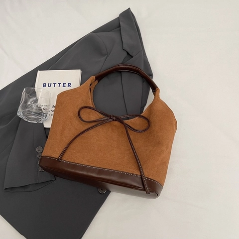 Minimalist Women Suede Patchwork Tote Bag With Bowtie Large Capacity Vintage Shoulder Bag For Daily Commute Urban Style