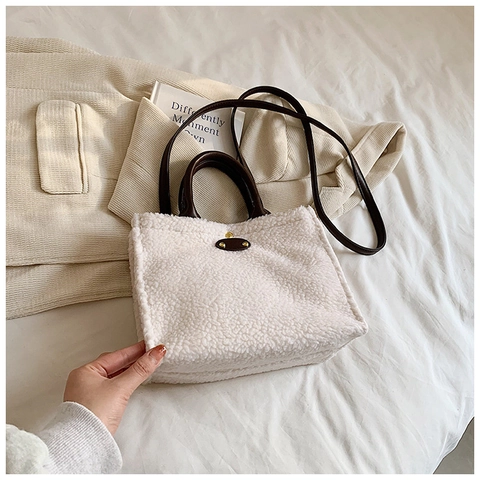 Borsa Tote da Donna in Lana di Agnello Sintetica con Finiture in Pelle PU Borsa a Spalla di Peluche Versatile Borsa a Tracolla Autunno Inverno