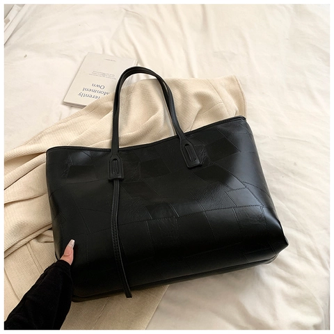 Bolso Tote de Mujer de Gran Capacidad de Cuero PU con Costuras Geométricas Bolso de Hombro a la Moda para el Otoño Casual