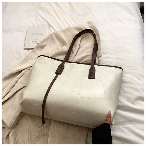Bolso Tote de Mujer de Gran Capacidad de Cuero PU con Costuras Geométricas Bolso de Hombro a la Moda para el Otoño Casual
