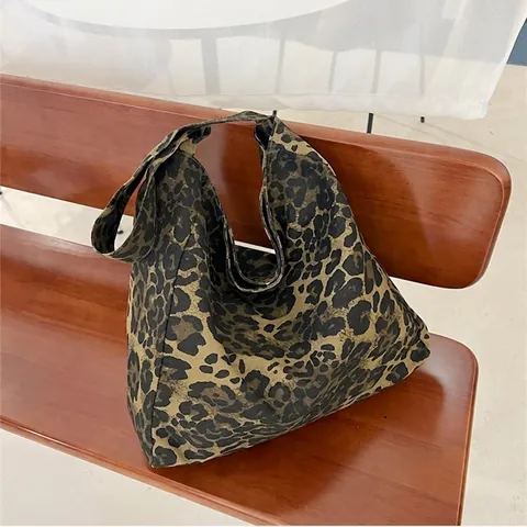 Borsa a Tracolla in Tessuto Twill con Stampa Leopardata alla Moda Borsa Tote da Donna Grande Capacità Casual per Tutti i Giorni