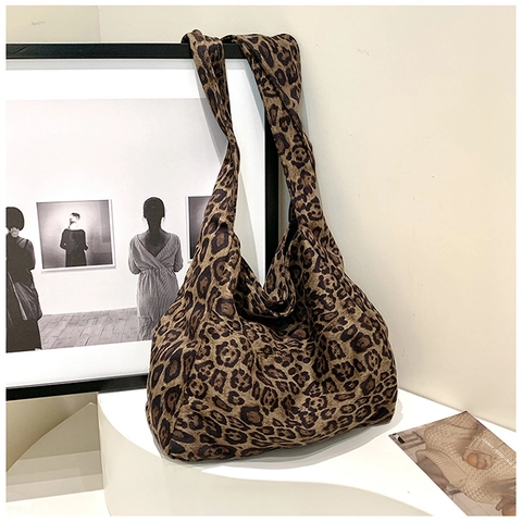 Borsa a Spalla in Cotone con Stampa Leopardata Grande Capacità Hobo Tote per Donna Minimalista Urbana Casual Moda