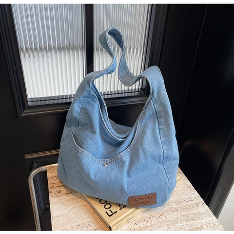 Trendige Gewaschene Denim Hobo Umhängetasche Für Damen Große Kapazität Tote Bag Mit Breitem Gurt Lässig Vintage Handtasche