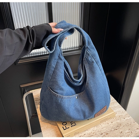 Trendige Gewaschene Denim Hobo Umhängetasche Für Damen Große Kapazität Tote Bag Mit Breitem Gurt Lässig Vintage Handtasche
