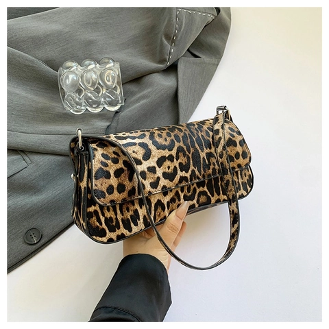 Bolso de Hombro de Cuero PU con Estampado de Leopardo para Mujer Bolso Baguette de Axila Pata de Gallo Bolso Cruzado Diario Simple