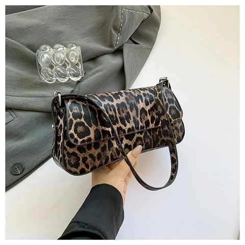 Bolso de Hombro de Cuero PU con Estampado de Leopardo para Mujer Bolso Baguette de Axila Pata de Gallo Bolso Cruzado Diario Simple
