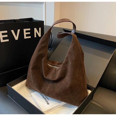 Women Suede Tote Bag Large Capacity Solid Color Hobo Shoulder Bag Commuter Street Style Fashion Stitching Handbag For Daily
