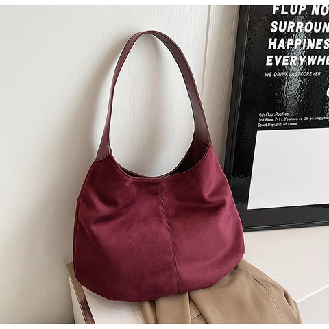 Bolso de Hombro de Gamuza de Gran Capacidad Vintage para Mujer Bolso Hobo Minimalista de Color Sólido Bolso Tote de Moda