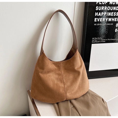 Bolso de Hombro de Gamuza de Gran Capacidad Vintage para Mujer Bolso Hobo Minimalista de Color Sólido Bolso Tote de Moda
