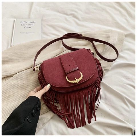 Borsa Sella Bohemien con Frange Donna PU Scamosciato Nappa Borsa a Spalla Retro Tracolla Fibbia Corno Quotidiano Moda