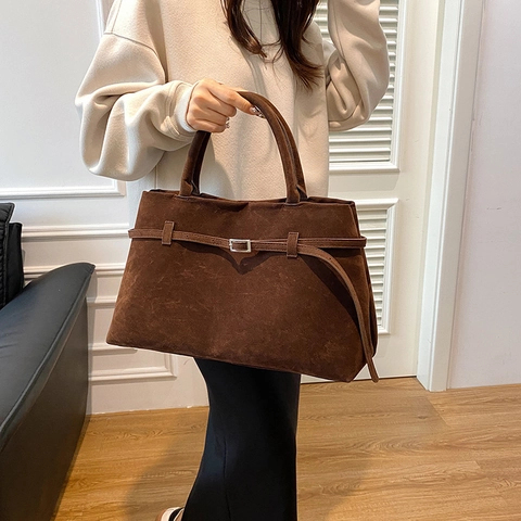 Vintage Τσάντα Tote Με Υφή Σουέντ Μεγάλη Χωρητικότητα Τσάντα Χειρός Με Διακοσμητική Αγκράφα Ζώνης Ρετρό Μινιμαλιστική Τσάντα Ώμου Για Γυναίκες