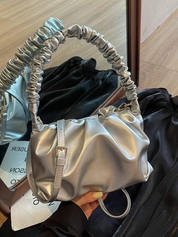 Bolso Nube Fruncido Vintage para Mujer de PU Bolso de Axila de Color Sólido Versátil Bolso Bandolera Plisado Metálico Moda Diaria