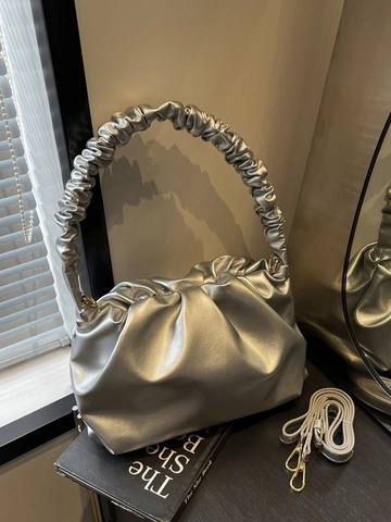 Bolso Nube Fruncido Vintage para Mujer de PU Bolso de Axila de Color Sólido Versátil Bolso Bandolera Plisado Metálico Moda Diaria