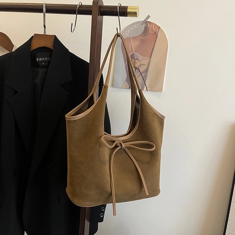 Damen Suede Look PU Tragetasche Schleife Große Kapazität Matte Schultertasche Urbaner Minimalismus Alltag Unterarm Handtasche