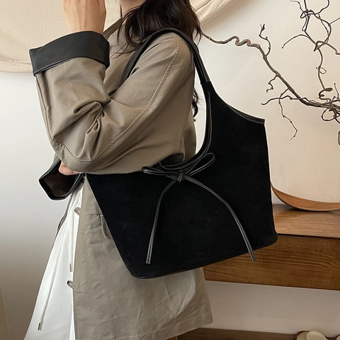 Damen Suede Look PU Tragetasche Schleife Große Kapazität Matte Schultertasche Urbaner Minimalismus Alltag Unterarm Handtasche