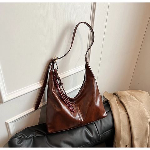 Borsa a Tracolla Hobo in Pelle PU di Grande Capacità Minimalista Per Donna Borsa a Tracolla Stile Vintage Con Ornamento Intrecciato