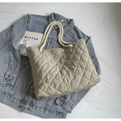 Dames Gewatteerde Draagtas Met Ruitpatroon Grote Capaciteit Polyester Schoudertas Katoenen Touw Handvat Casual Mode Dagelijkse Handtas