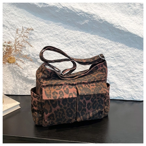 Mode Luipaardprint Canvas Schoudertas Voor Vrouwen Grote Capaciteit Meerdere Zakken Crossbody Tas Met Verstelbare Riem Casual Tote Bag