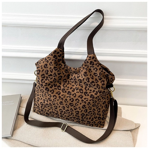 Borsa a Spalla Casual in Tessuto da Donna Moda Stampa Leopardata Borsa Tote a Quadri Grande Capacità Borsa a Tracolla Stile Minimalista Urbano