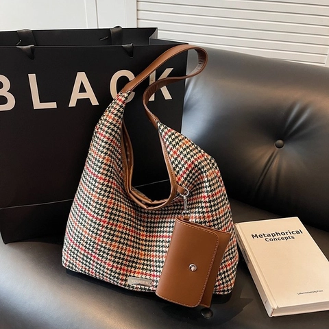 Sac à Épaule Vintage en Lainage Pied-de-poule Grand Fourre-tout Avec Porte-monnaie Détachable Sac à Main Rétro Hobo pour Femmes