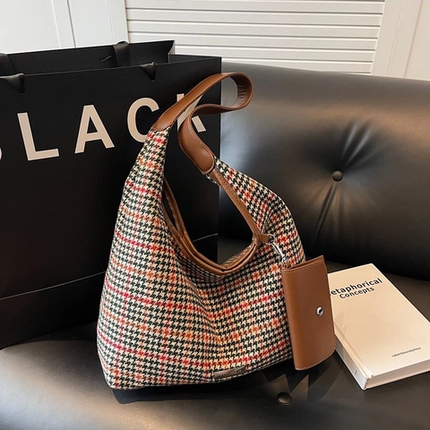 Sac à Épaule Vintage en Lainage Pied-de-poule Grand Fourre-tout Avec Porte-monnaie Détachable Sac à Main Rétro Hobo pour Femmes