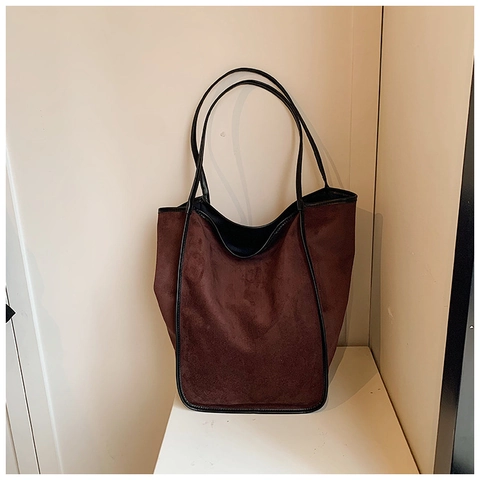 Women Vintage Suede Texture PU Leather Large Capacity Tote Bag Contrast Color Shoulder Bag Casual Commuter Work Bag