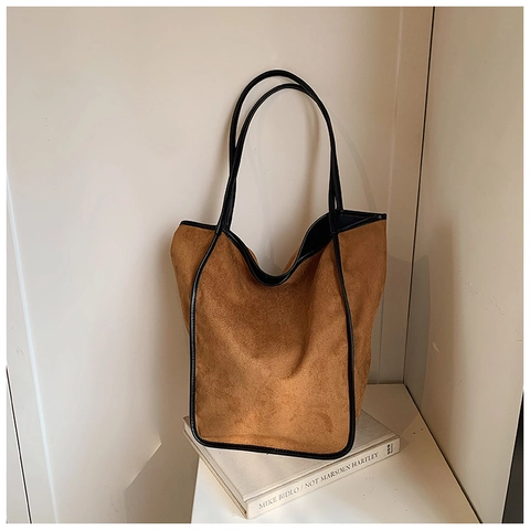 Women Vintage Suede Texture PU Leather Large Capacity Tote Bag Contrast Color Shoulder Bag Casual Commuter Work Bag