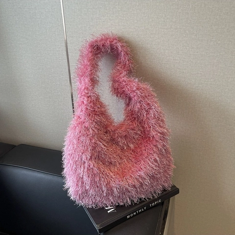 Bolso de Hombro de Peluche de Moda de Otoño 2024 para Mujer Bolso Tote de Piel Sintética Color Sólido Bolso de Mano Esponjoso Bolso de Mensajero de Invierno