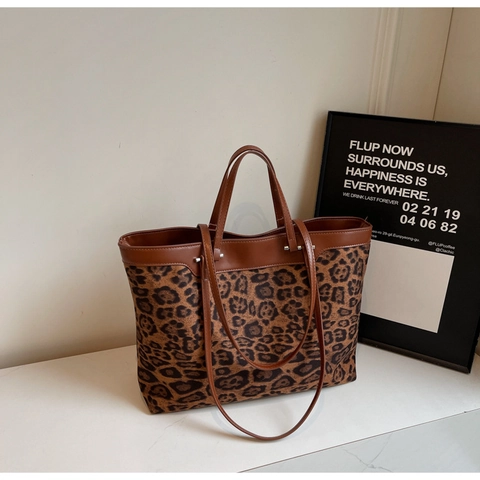 Bolso Tote de Moda para Mujer Estampado de Leopardo Gran Capacidad Gamuza Bolso de Hombro Casual Urbano Correas Dobles Diario
