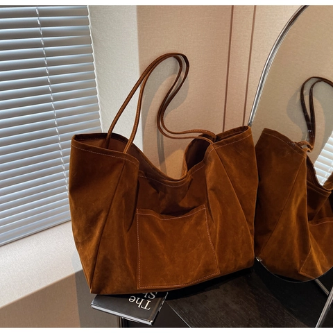 Minimalist Large Capacity Artificial Suede Tote Bag For Women Retro Casual Shoulder Bag With Front Pocket Shopping Handbag