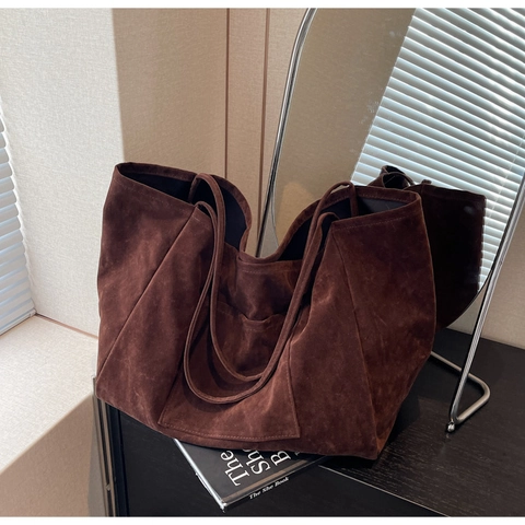 Minimalist Large Capacity Artificial Suede Tote Bag For Women Retro Casual Shoulder Bag With Front Pocket Shopping Handbag