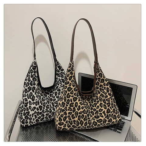 Borsa a Tracolla alla Moda con Stampa Leopardata da Donna Vintage Hobo Tote Bag Grande Capacità Casual Borsa in Tessuto Autunno 2024